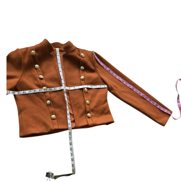 Felt Military Style Cropped Jacket Gold Buttons Lined Rust Color Size XL - Picture 7 of 9